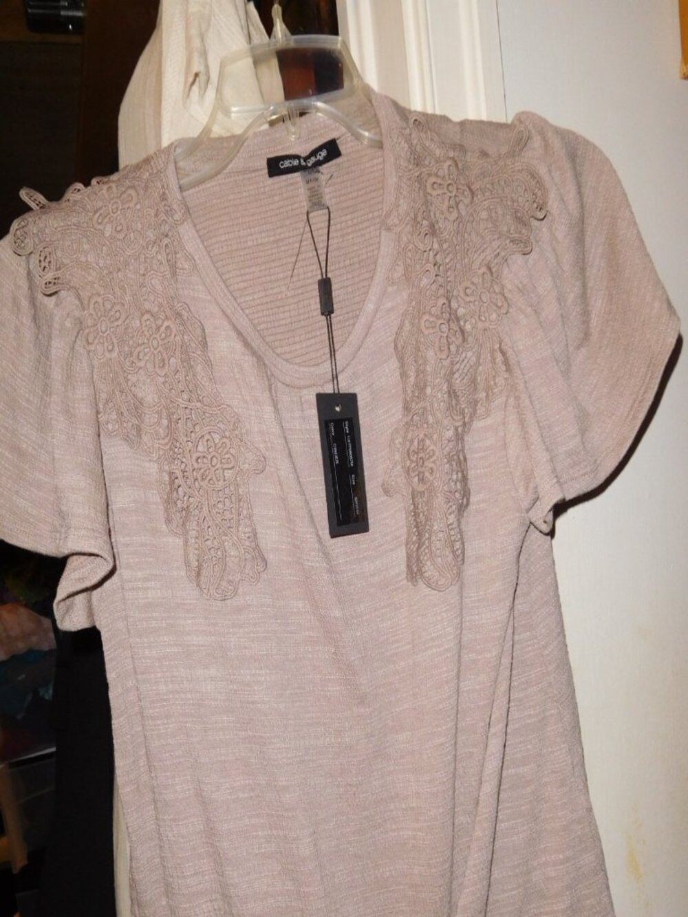 NWT Small Petite SP CABLE & GAUGE BEIGE TIE FRONT KNIT TOP